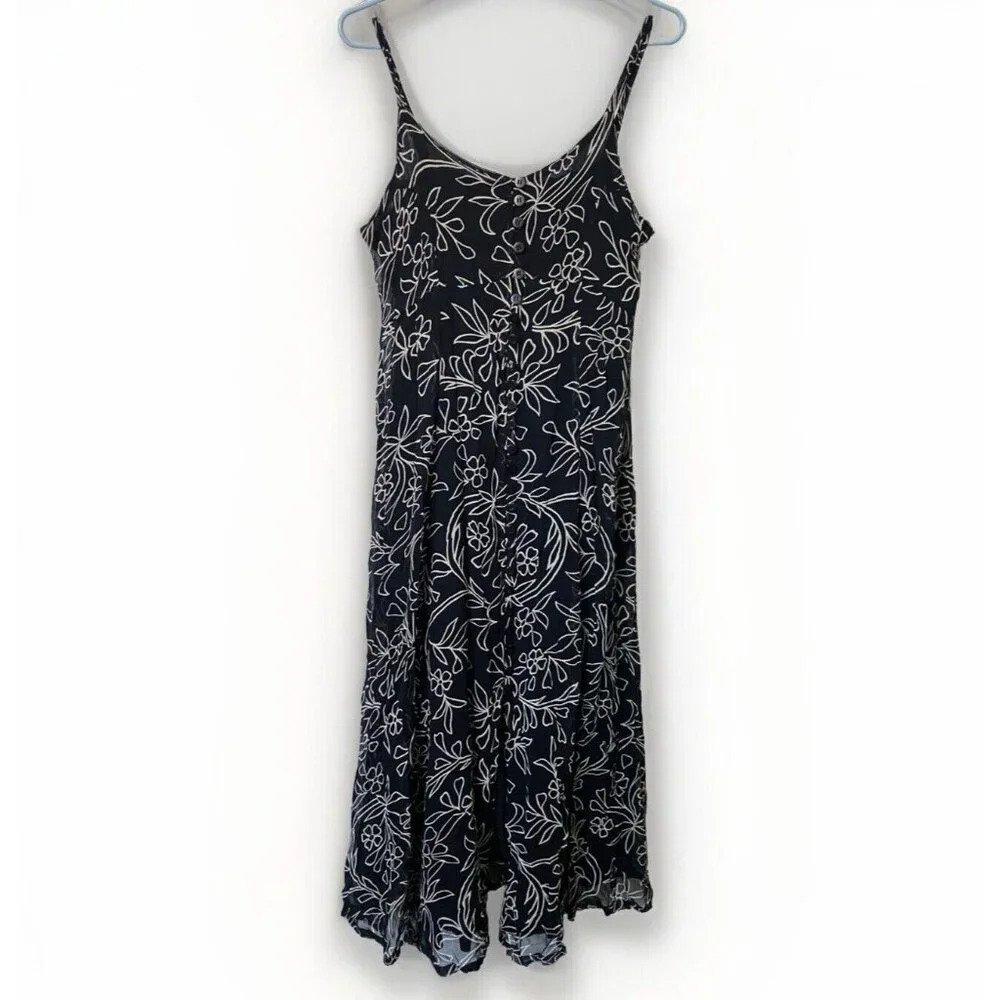 Vintage She Black Floral Sheer‎ Chiffon Strappy Midi Dress Womens Small